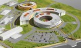 Detail modelu nemocnice několika pavilonů s přilehlým parkovištěm
