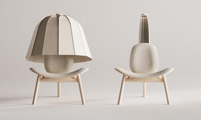 Skandinávským designem inspirované křeslo Shanti má integrovanou shrnovací stříšku se svítidlem